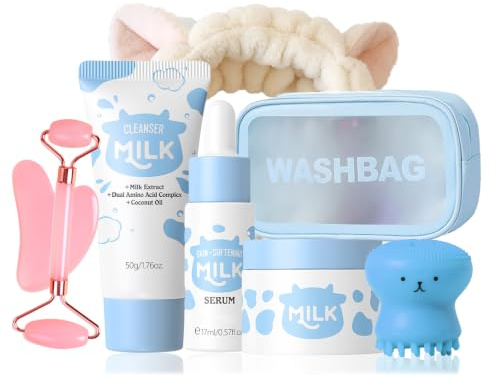 Korean Skincare Set, Skincare Set Teenager Mädchen, Skin Care Set - Milch Pflege Reiseset mit Reiniger, Serum, Creme - Korean Skincare Pflegeset Damen Geschenk für Reise & Alltag
