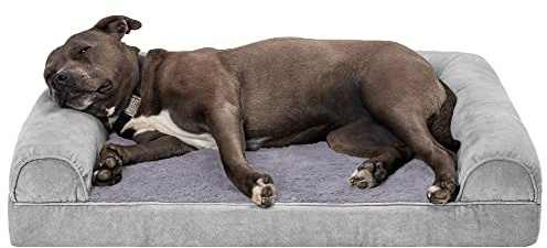 Furhaven Large Orthopedic Dog Bed Faux Fur & Velvet Sofa-Style w/Removable Washable Cover - Smoke Gray, Large