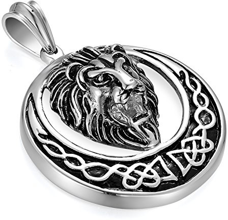 Flongo Edelstahl Anhänger Halskette Kette Silber Löwe Kopf Löwenkopf Irish Celtic Knot Irischen Keltisch Knoten Mondsichel Punk Rock Motorradfahrer Biker Herren, mit 56cm Kette