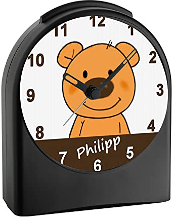 CreaDesign, WU-50-1021, Teddy Bär, analog Kinderwecker schwarz, Funkwecker ohne Ticken, mit Licht, personalisiert mit Namen, 9,6 x 5,5 x 11,9 cm, 104 g