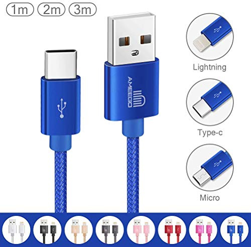 ameego [3Pack 1m+2m+3m] 3.1A High Speed strong Nylon Braided USB C 3.1 Type-C Data Sync Charging Reversible Charge Cable for mobile phones, Nintendo Switch all Type-C Devices (Dark Blue)