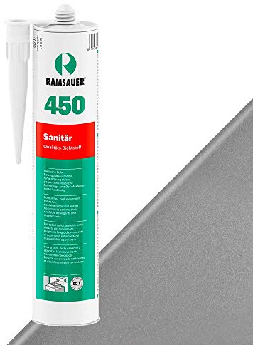 RAMSAUER 450 Sanitär 1K Silikon (Alu) - 310ml Kartusche, ideal für Feuchträume & Nassbereiche, Lebensmittelbereich, leicht verarbeitbar, schnelle Tiefhärtung, optimale Glättbarkeit