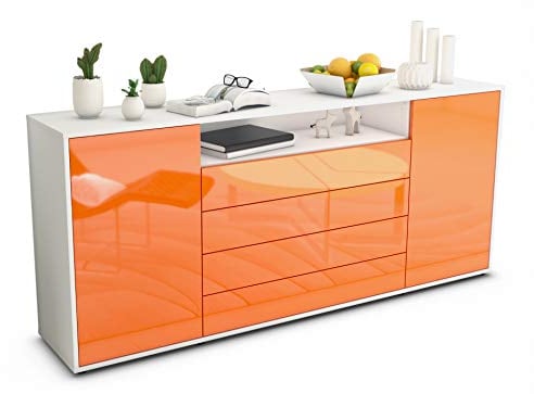 Stil.Zeit Sideboard Enzo, Korpus Weiss matt, Front Hochglanz Mandarine (180x79x35cm) Push-to-Open Technik & Leichtlaufschienen