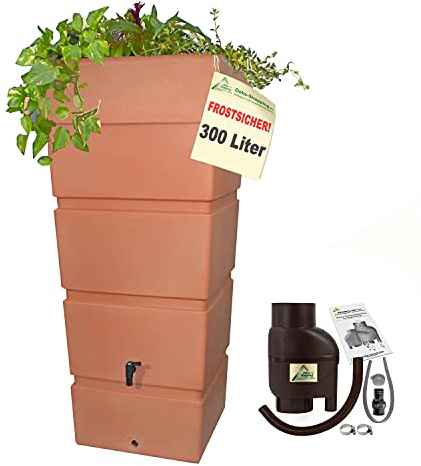 Regentonne Regenfass Ecktonne Regenspeicher Regenwasserbehälter mit Fallrohrfilter, Regenfilter T33 braun FROSTSICHER - Moderne Eck-Regenwassertonne mit stabilem Deckel als Pflanzschale