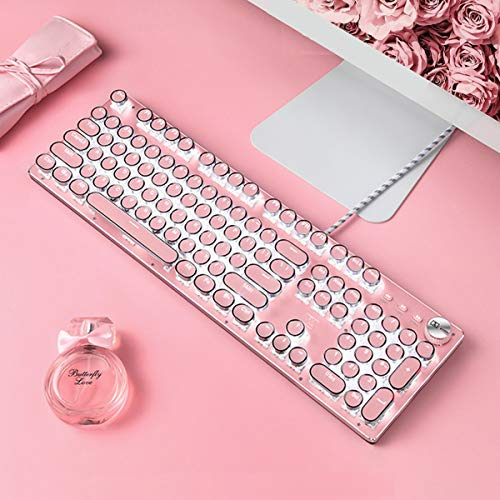 Teclado para juegos, retroiluminado de metal, retro, punk, interruptores azules, cable USB para PC, laptop, computadora de escritorio, gamer, teclado mecánico rosa, polvo de cerezo blanco
