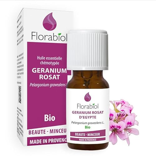 FLORABIOL | Huile Essentielle de Géranium Rosat Bio |Soin de la Peau | Beauté | Régénérante & Apaisante | 100% Pure et Naturelle | Fabrication Française | 10 ml