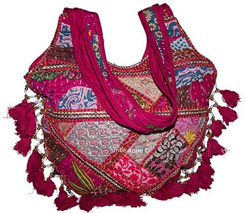 Tribe Azure Damen-Schultertasche, mittelgroß, bunt, geräumig, lässig, Boho-Geldbörse, Reisen, Strand, Tragegriff, Quaste, hell, rose, Medium