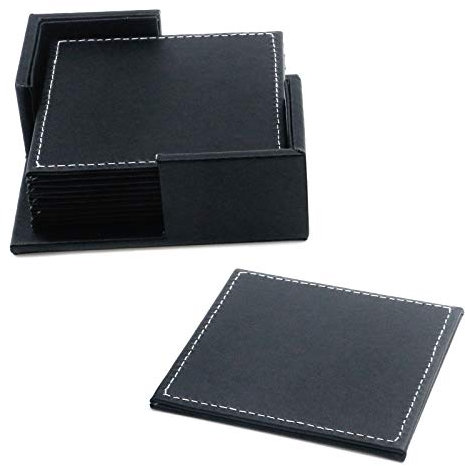 Semetall Getränke-Untersetzer, 6 Stück, Premium-PU-Leder, quadratische Untersetzer für Getränke, Aufbewahrungsbox, schwarzer Untersetzer passend für Trinkgläser in gängiger Größe (10.2x10.2x0.5 cm)