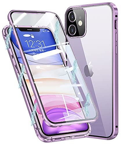 MOSSTAR Case for iPhone 12 Magnetic Cover 360 Degree Full Body Shockproof [Built-in Camera Lens Protector] Metal Bumper with Front and Back Clear Tempered Glass, Purple