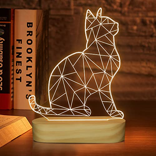 Attivolife Katze Nachtlicht, Ketty 3D LED Optische Tischlampe aus Holz, beste Raumdekoration Miau Geburtstag Urlaub Haustier Geschenk Geschenke für ihre Freundin Kind Warme Farbe