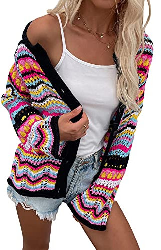 HAHAEMMA Damen Regenbogen Strickjacke Cardigan Pullover Langarm Mehrfarbig Gestreifter Pullover VBLne Offene Jacke Herbst Winter(BL,M)