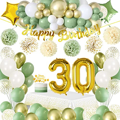 30 Geburtstag Deko Frauen,Geburtstagsdeko 30 Männer,Grüne Deko 30 Geburtstag mit Avocado Grüne Luftballons,Happy Birthday Banner,Kuchen Topper,Tischdecken,Pompoms für Mann Frau 30. Geburtstag Deko