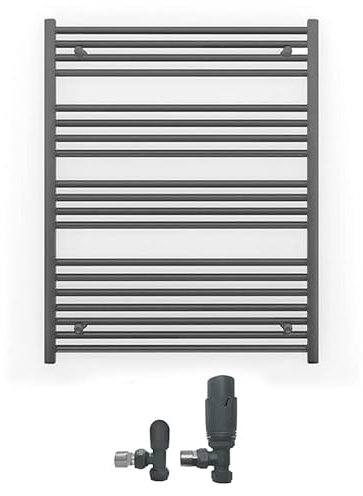 Myhomeware 700mm Wide Straight Anthracite Grey Heated Bathroom Towel Rail Radiator With Valves For Central Heating UK (With TRV Angled Valves, 700 x 1000 mm (h))
