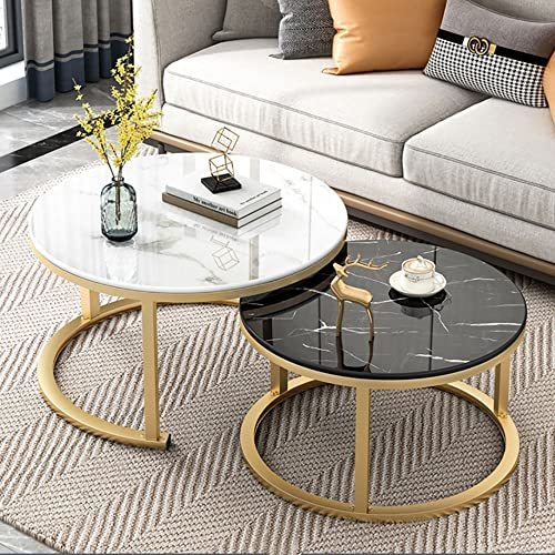 ZXFDM Table Basse Gigogne Ensemble de 2, Tables d'appoint Empilables en Verre Trempé Lisse avec Base en Tube en Métal, pour Salon, Tables de Canapé Rondes en Métal - 70X45+50X38CM