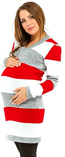 HAPPY MAMA Femme Maternité Robe Pull de Grossesse. Rayures variées. 405p (Rouge, 44-46, 2XL/3XL)
