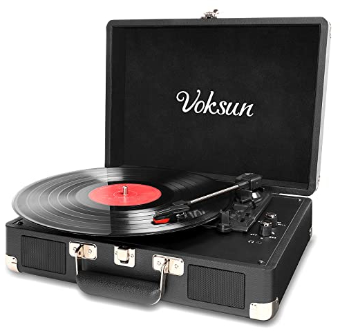 Tocadiscos Bluetooth Vinilo, VOKSUN Reproductor de Vinilo Tocadiscos Vintage con Altavoces Incorporadas, 3 Velocidades 33/45/78 RPM, Grabación de Vinilo a USB, Salida RCA/Aux (Negro)