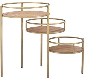 Powell Bruno Side Table, Iron Acacia Wood, Natural Gold, Three Tiered Plant Stand