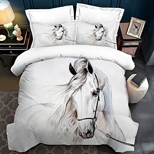 Housse de Couette pour chevaux impression 3D,Parure de lit pour animaux enfants 3 pièces,housse de couette microfibre avec fermeture éclair,pour garçons, adolescents (Cheval blanc, 135 x 200 cm)