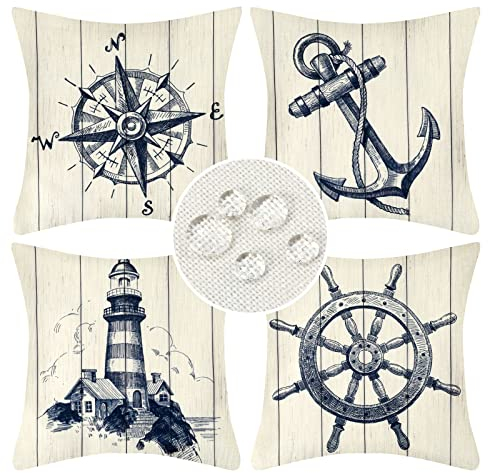 Velvhom Outdoor Zierkissenbezüge 40x40 Deko Kissenbezug Dekokissen Kuschelkissen Wohnzimmer Kissenbezüge Quadratisch Ruder Leuchtturm Anker Kompass Garten Sofakissen Couchkissen Zierkissen 4 Stück