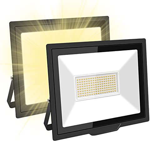 SKYWORLD 100W LED Flutlicht für den Außenbereich, 10000LM Arbeitslicht Tageslicht Warmweiß Sicherheitsleuchten 6000K Flutlicht IP66 Wasserdicht für Garten Hof Rasen Spielplatz Stadion 2 Pack