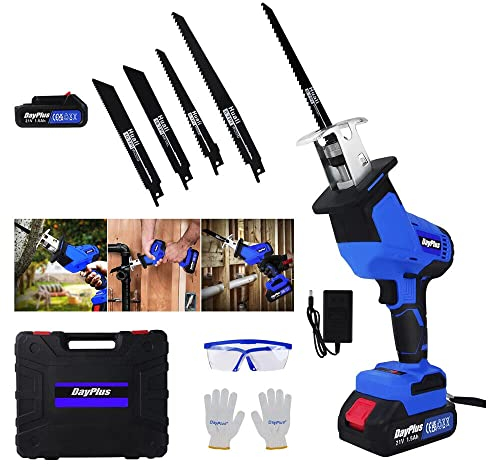 Cordless Reciprocating Saw 21V Electric Sabre Saw, 3000RPM Variable Speed Saw, 4 PCS Saw Blades, Blade Stroke 7/8 ”, Max Cutting Depth 2.6”, Ideal for Wood, PVC and Metal Cutting (w/1 Battery)