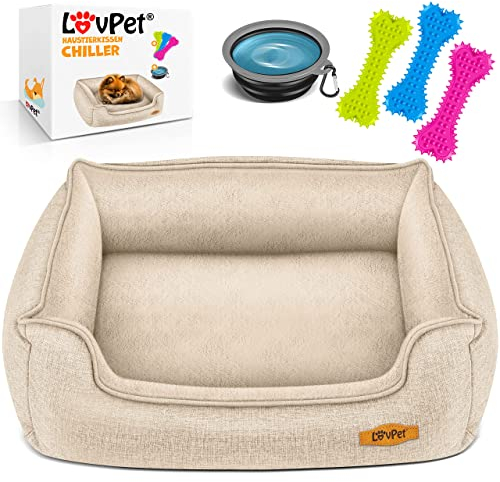 Lovpet® Hundebett Hundekissen Hundekorb Chiller, Inkl. Napf + 3X Kauknochen, Hundesofa Kissen für Kleine, Mittelgroße & Große Hunde, Bezug abnehmbar und waschbar, XL 110 x 75 x 27 cm Beige