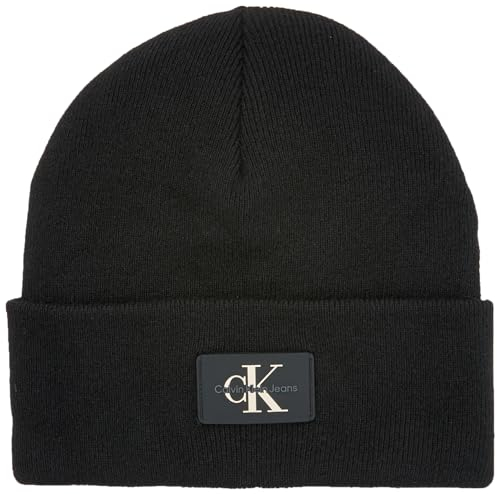 Calvin Klein MONOLOGO Patch Non-Rib Beanie Knitted Hat Men's, Black (Black), OS