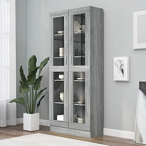 FIRBNUS Vitrinenschrank Grau Sonoma 82,5x30,5x185,5 cm Holzwerkstoff Glas Sideboard Holz Schmal Industrial Mit Türen
