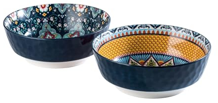 HENXFEN LEAD Set de 2, Ensaladera de Porcelana, 1440ml Tazones para Servir, Tazones grandes para pasta, ensalada, sopa, avena etc. Colorido - Estilo bohemio