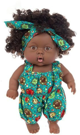 New Born Baby Puppe Schwarze Puppe 12 Zoll Wiedergeborene Babypuppe Afrikanische Puppe Mit Lockigem Haar Reborn Baby Puppenspielzeug Babypuppen Im Kleid für Kinder Mode Spielpuppe Kinder Mädchen