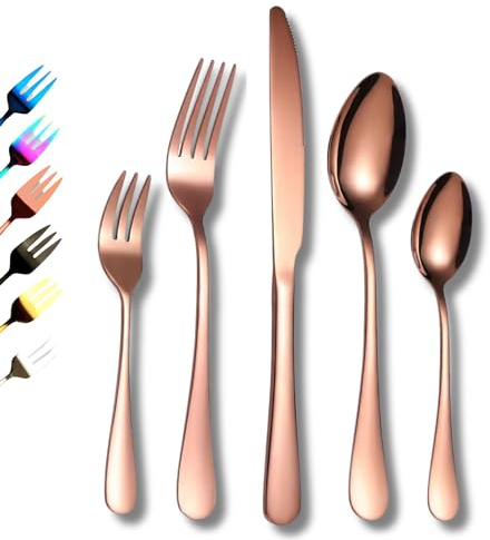 Cutlery Set in Rose Gold Colour, 20-Piece Set Service for 4, Premium Mirror Finish Tableware, Stainless Steel Flatware Serving Set, Dishwasher Safe, Easy to Clean Forks, Knives, & Spoons