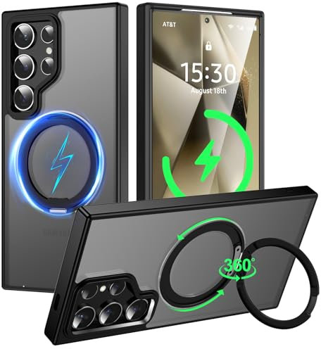 Cnarery Magnetisch Hülle für Samsung Galaxy S21 Ultra 6,8, Eingebauter 360°magnetischer drehbarer Ringständer Halter, Durchscheinende Matt Handyhülle, Stoßfest Samtige Touch Case (Schwarz)