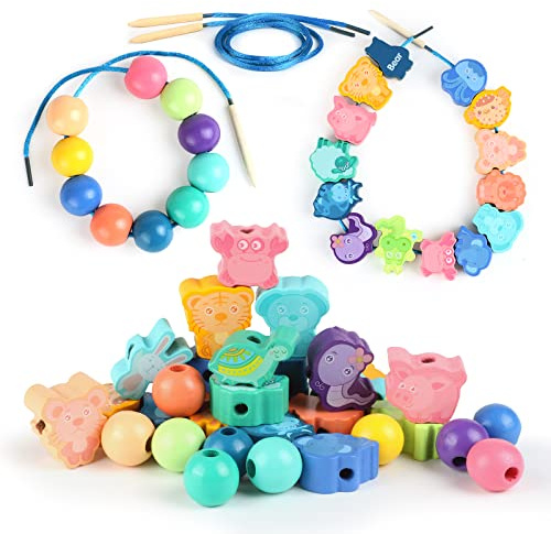 TRUEIN Montessori Threading Toys, Wooden Lacing Beads for 2-5 Year Olds | 32 Pcs Preschool Activities Wooden Educational Toys Toddler Threading Beads Gifts for Toddlers Boys Girls