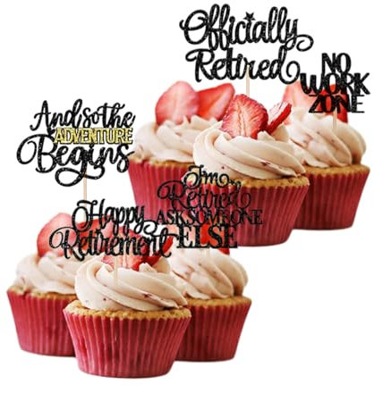 SJUIEO 30 Stück Happy Retirement Card Cupcake Toppers Start Retirement Themed Cake Abschied Geburtstag Party Kuchen Dekoration Supplies Schwarz