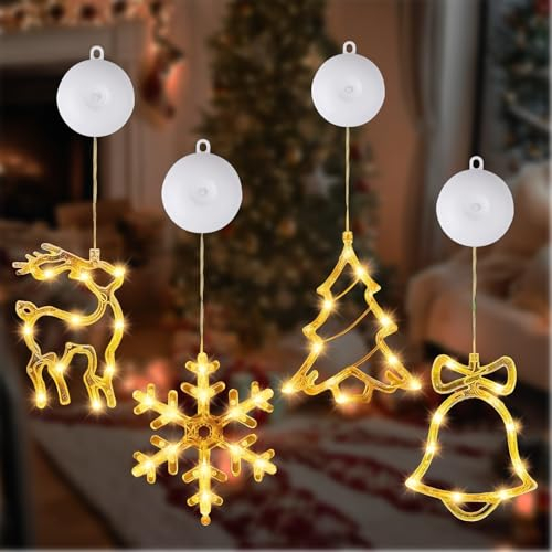 ZIGefofo 4 Stück Weihnachtsbeleuchtung Fenster mit Saugnäpfe 10 LED Lampenperle Batterie Fensterlicht Warmweiß Saugnapf Weihnachtsdeko Lichter für Weihnachten Beleuchtung Deko Party Hochzeit