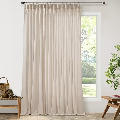 Pinch Pleat Linen Sheer Curtains 90 Inches Long 100 Inch Wide for Patio Sliding Door Light Filtering Semi Sheer Pleated Drapes Back Tab Beige Tan Extra Wide 100 x 90 Curtain for Living Dining Room
