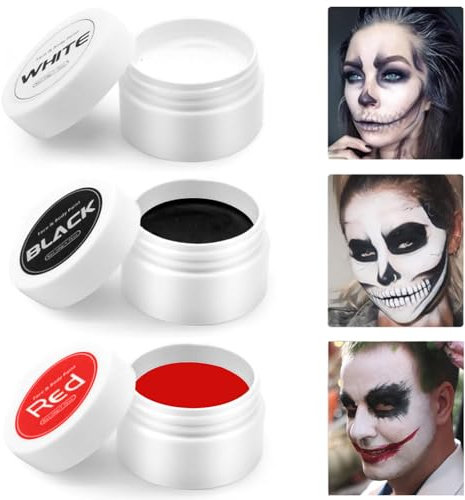 Pintura Cara Halloween, Pintura Facial Clown, Pintura Corporal Negro Blanco Rojo, Pinturas Corporales Blanco y Negro, Maquillaje Halloween, Maquillaje para Teatral Carnaval Fiesta Cosplay,3pcs(150ml)