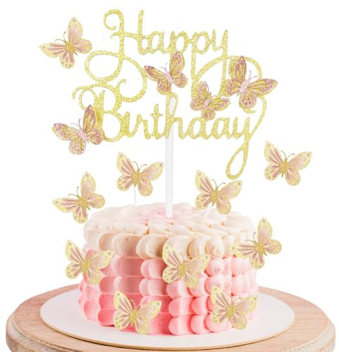 JEKUGOT 13pcs Gold Butterfly Cake Toppers - Happy Birthday Cake Toppers for Cake, Cupcake, and Girls' Birthday Decorations