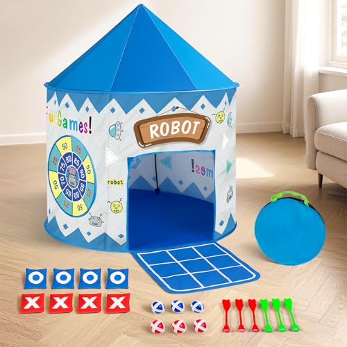 Leogreen Interaktive Spielzelt für Kinder, 4 in 1 Zelt Kinderzimmer, Roboter-Motiv mit Tic-Tac-Toe, Wurfbälle, Darts Spielen, und Tragetasche Spielzelt für kreative Entdeckung