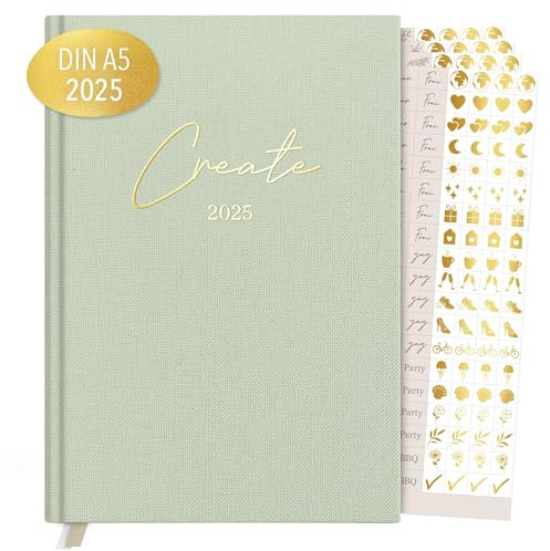 KIND OF HAZEL® Terminplaner 2025 A5 Khaki + Sticker Set | Hochwertiger Kalender 2025 Planer mit Goldfolienprägung | To Do Liste Daily Journal 2025 Tagebuch für Erwachsene