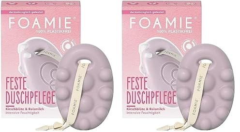 Foamie Festes Duschgel mit Kirschblüte & Reismilch, Reichhaltige Duschpflege Trockene Haut mit Massage-Effekt, Feste Dusche 100% Vegan, Plastikfrei, Silikonfrei, 80 g (Packung mit 2)