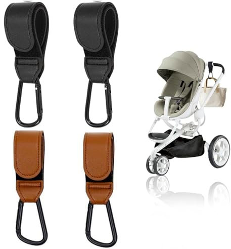 Buggy Clips for Pram, 4 Pcs Pram Clips, PU Leather Pram Hooks for Bags, Adjustable Pram Hooks for Bags, Durable Buggy Clip for Pram for Stroller Diaper Bag, Shopping Cart, Pushchair