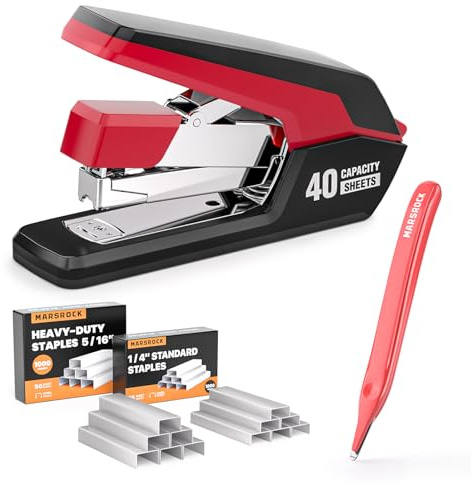 Müheloser Hefter,Für 40 Blatt,1-Finger-Press-Heftung,Ergonomisches Design,2000 Heftklammern und magnetischem Klammerentferner Rot