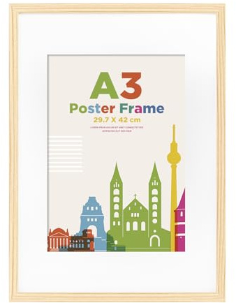 A3 Picture Frame with A4 Mount, Wooden 29.7 x 42 cm Frames Featuring Clear Plexiglass for Table and Wall Mounting, Perfect for Portrait, Home, Office,Natural