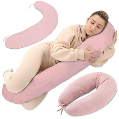 Stillkissen XXL Musselin Seitenschläferkissen Schwangerschaftskissen Lagerungskissen - Baumwolle Pregnancy Pillow Erwachsene - 190 cm Puderrosa