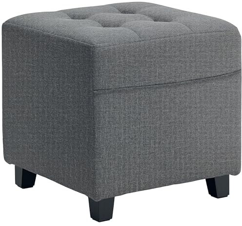 HOMCOM Poggiapiedi quadrato, piccolo pouf con tasca laterale, poggiapiedi in tessuto di lino, con gambe in legno di gomma e seduta imbottita per soggiorno, camera da letto, ingresso, 35 x 35 x 35 cm,
