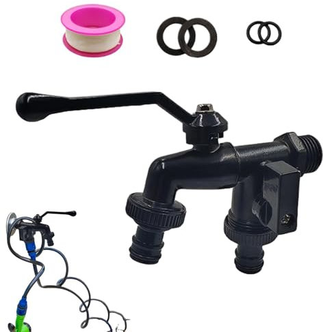 Rubinetto esterno con doppia uscita, Rubinetto 'acqua in ottone nero, Rubinetto esterno antiruggine, Rubinetto da giardinaggio per irrigazione, Rubinetto da giardino a doppia uscita, Rubinetto da