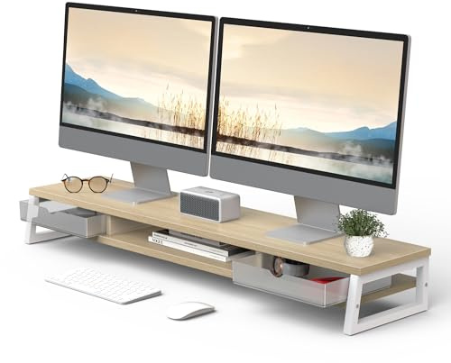 Fenge Dual Monitor Stander Riser Con 2 Cajones de Acrílico, 2 Pisos 108cm Pantalla de Ordenador para PC/Portátil/Fax/Impresora/Pantalla de TV, Capacidad de carga 45KG (Roble)