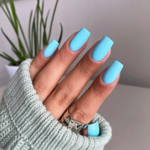 SXVME Matte Blue False Nails Short Medium Square, Gel Press on Nails Coffin Medium Fake Nails Set Solid Color Acrylic Nail Natural Fit Reusable Stick on Nail for Women Daily Wear, in 24 Pcs
