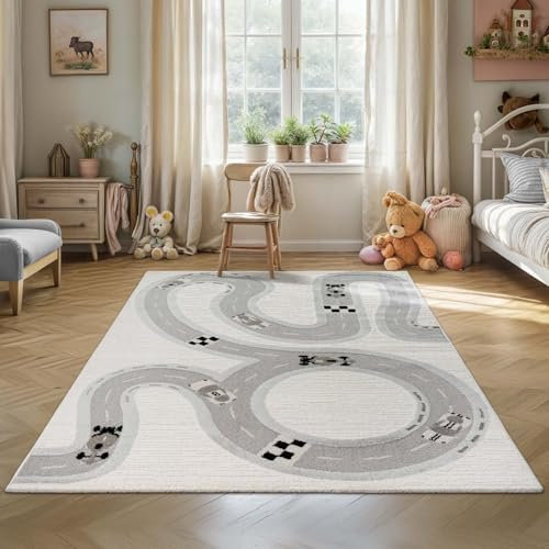 Taracarpet Kindezimmer und Jugendzimmer Kurzflor Teppich in Pastell Farben Kinderteppich auch für Babyzimmer geeignet Pastell bunt Rennstrecke 120x170 cm